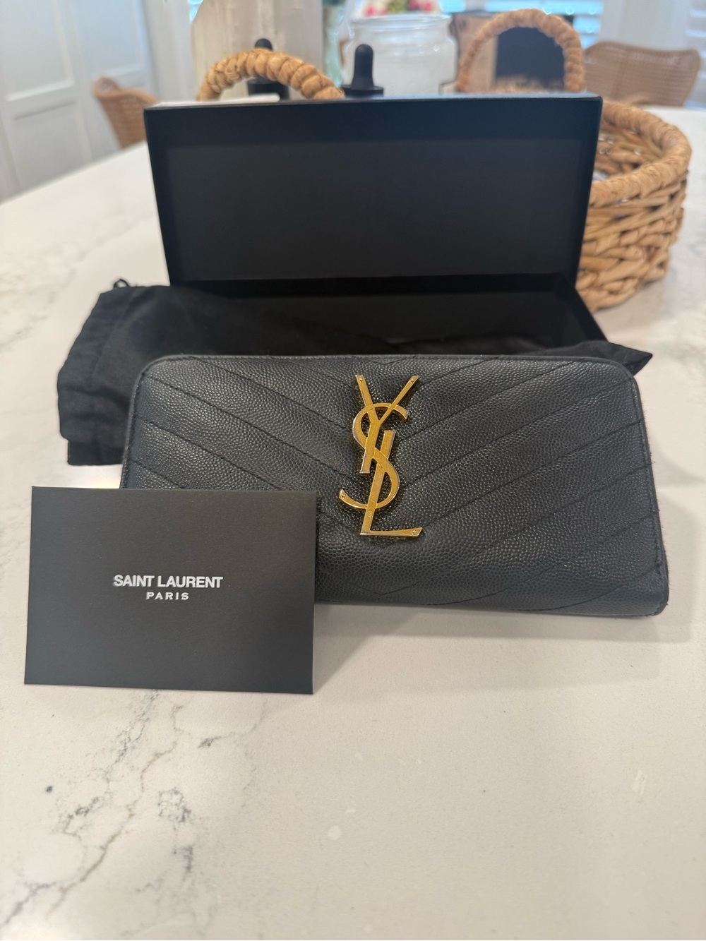 Saint Laurent Black Chevron Quilted Wallet with Gold YSL Logo